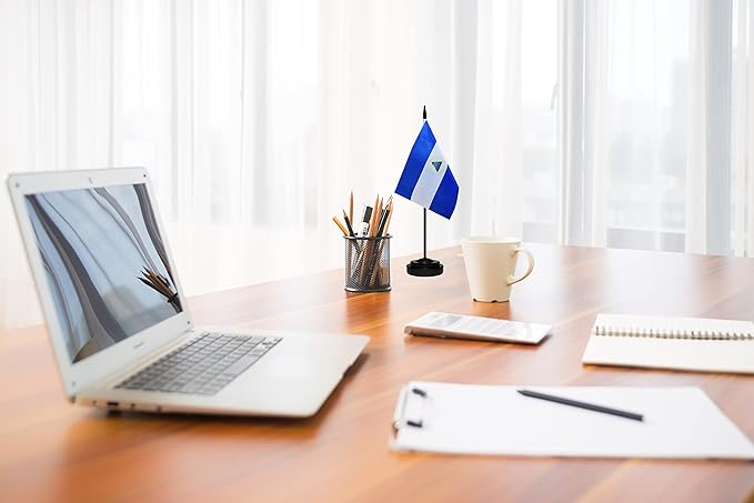 Nicaragua Nicaraguan Deluxe Desk Flag Set Small Mini Miniature Nicaragua Nicaraguan Table Desktop Flags With Solid Pole, Black Base and Spear Top(2 Pack)
