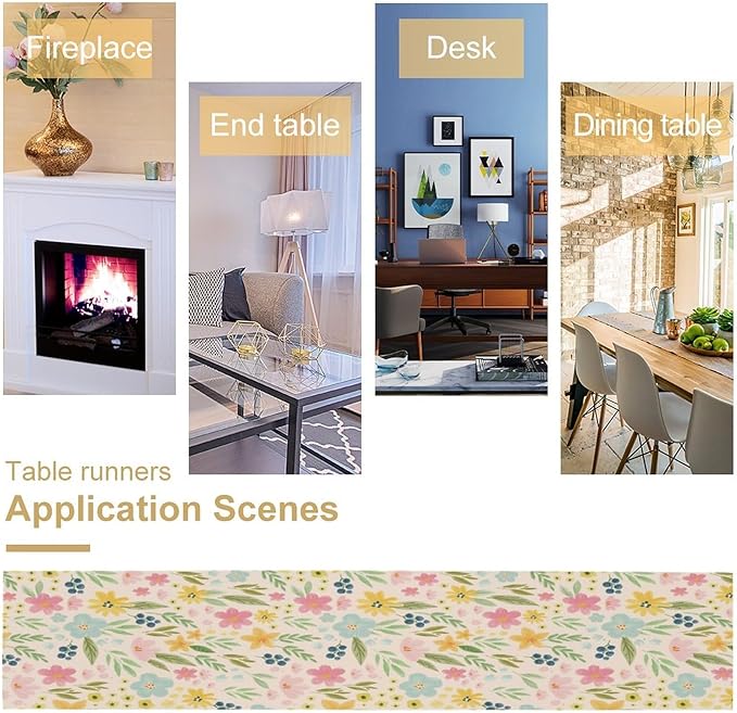Floral Table Runner, Boho Style Watercolor Flower Green Leaf Plant Rectangle Table Decoration for Dining, Party, Holiday,13in（33cm） W * 60in（152cm） L