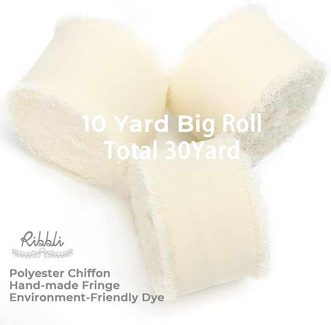 Ribbli Ivory Chiffon Ribbon 1-1/2 inch x 30 Yard Handmade Fringe Chiffon Ivory Silk Ribbon,Cream Ribbon for Wedding Invitations, Bridal Bouquets Wrapping, Flower Arrangement Decoration
