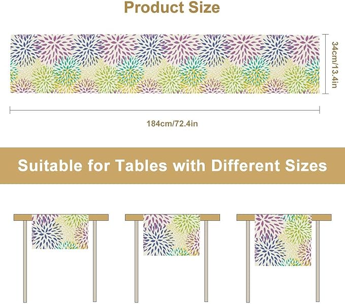 Purple Flowers Table Runner, Chrysanthemum Dahlia Vintage Modern Colorful Spring Summer Elegant Table Runner for Party Kitchen Dining Living Room Laundry Room Decor, 13x36 Inch