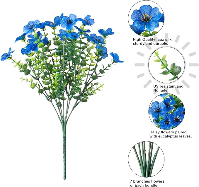 HyeFlora Artificial Flowers for Outdoor Indoor Garden Home Decoration, Faux Flower Daisy with Eucalyptus Leaves Fake Plants Greenery Boxwood Porch Patio, 12 Bundles (Blue)