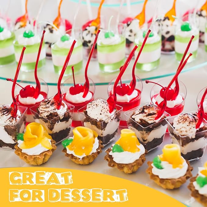 Nuogo 200 Pcs Mini Dessert Cups with Spoons Include 3 oz Square Plastic Appetizer Cups 2.5 oz Slanted Round Parfait Shooter Cup Small Clear Mousse Pudding Cup for Wedding Baby Shower Birthday Party