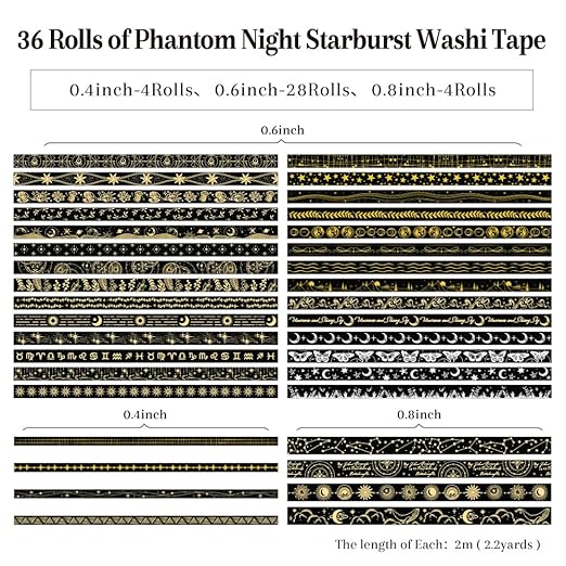 36 Rolls Glow-in-The-Dark Starry Washi Tape Set with Gold Foil Celestial Patterns - Writeable Decorative Tapes for Scrapbooking, Bible Journaling, Bullet Journals 0.6" x 79" per Roll