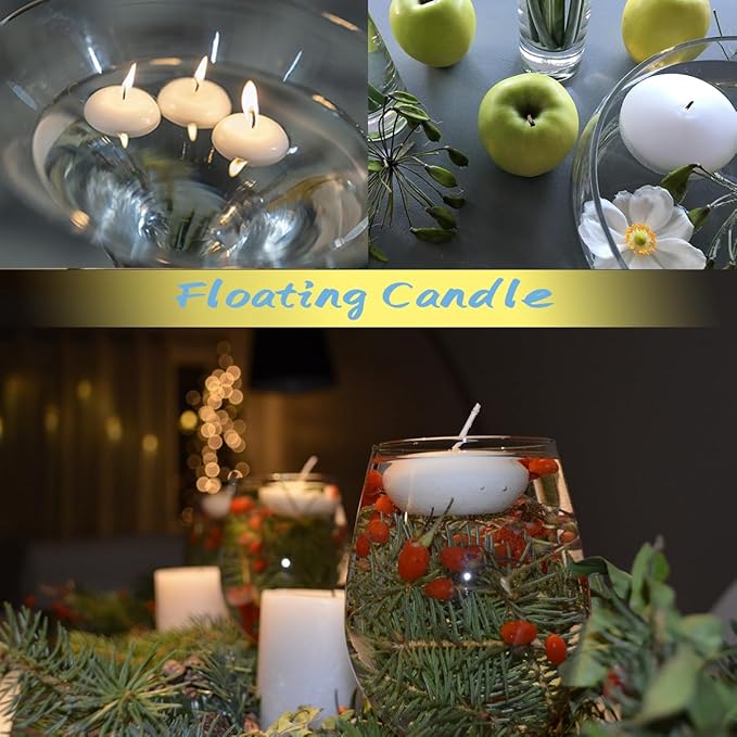 24 Pack Floating Candles, Smoke-Free and odorless, Burning continuously for 5-6 Hours, White, 2-inch Floating Candles, Suitable for Valentine's Day, Weddings, Holidays, Home Decoration……