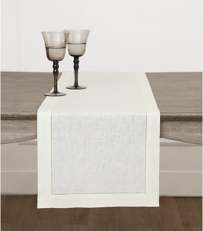 Solino Home Linen Ivory Table Runner 60 Inches - Classic Hemstitch, 100% Pure Linen Coffee Table Runner 14 x 60 Inch Ideal for Dresser Tables - Fall, Halloween, Thanksgiving, Christmas, Holiday