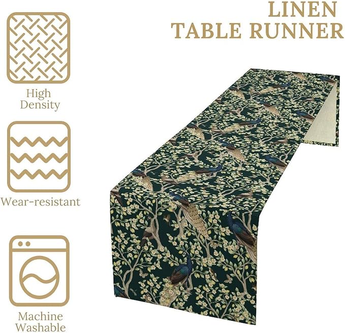 Peacock Table Runner,Retro Floral Plants Peacock Table Runner for Home Kitchen Dining Party Indoor Outdoor Decoration 13x108 Inch