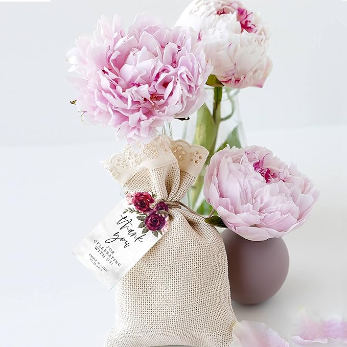 Andaz Press 100-Pack Personalized Thank You for Celebrating with Us Wedding Favor Tags with Bakers Twine Burgundy Florals Custom Cardstock Gift Tags for Wedding Party Favors 2 x 3.75-Inches
