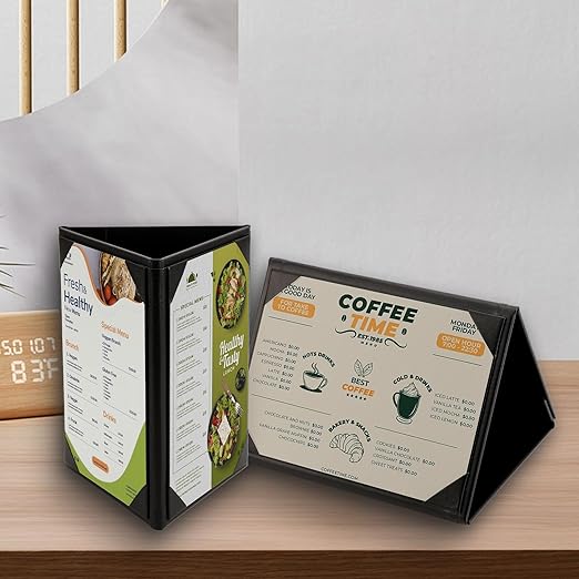 Menu Covers - Set of 10 Double-Sided Table Tent Cards for Restaurant, Dinner Party, and Bar Menus - Includes Bill Holder and Reserved Seating Signs - Easy to Clean and Foldable (10, 4"x6"Trifold)