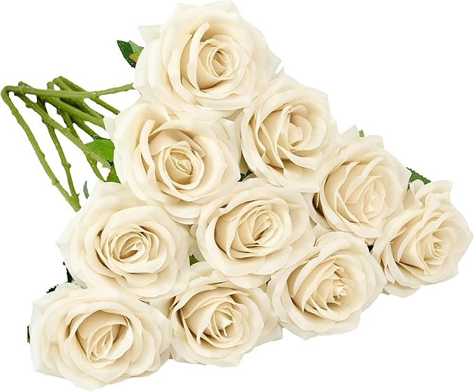 Artificial Rose 10pcs Open Flower Bouquet Faux Rose Stems for Wedding Arrangement, Bridal Bouquet, Centerpiece, Fake Faux Silk Flowers (Beige)