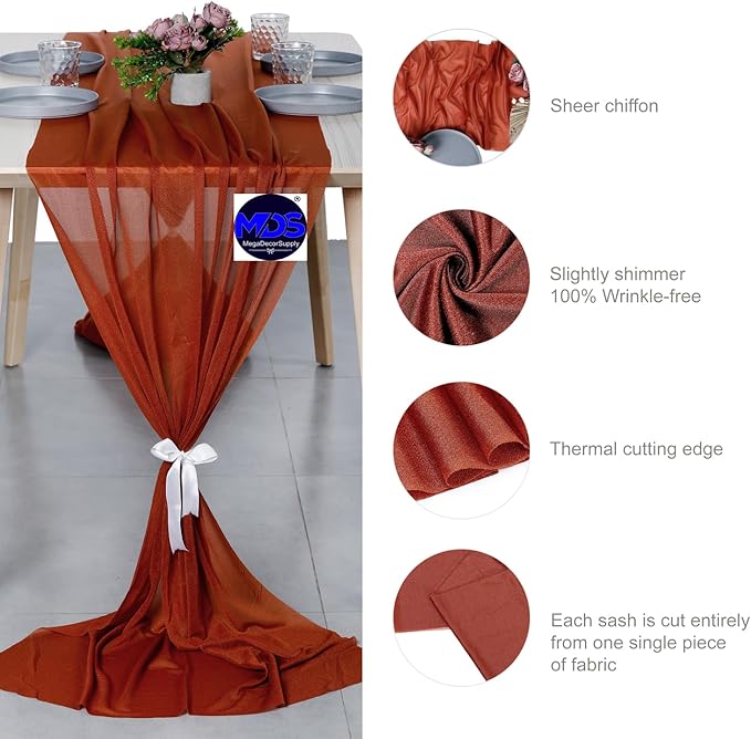 MDS Halloween Chiffon Table Runner - 20 Pack, 29 x 170 Inches, 14ft Each - Sheer Spooky Table Runners for Haunted House Parties, Trick-or-Treat Tables, Witchy Décor, Wedding & Events - Terracotta