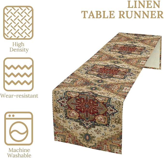 Boho Bohemia Style Table Runner, Vintage Yellow Brown Retro Flower Rustic Country Style Floral Print Pattern for Home Kitchen Table Decor Dining Coffee Room Garden Party Decor 13x90in