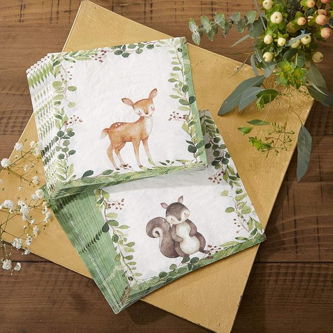 Kate Aspen Woodland Baby Shower Decorations, 62-Piece Disposable Paper Plates & Napkins Party Supplies for 16 Guests - Woodlands Animals Theme for Baby Boy Shower Table Decorations, Gender Reveal