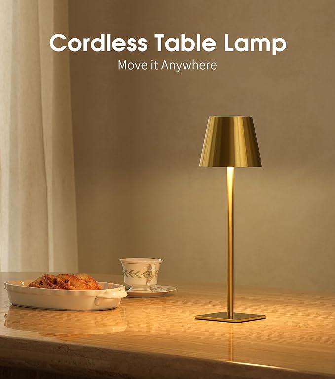 UME 3 Pack Cordless Table Lamp, Battery Operated Lamp - Portable Waterproof Rechargeable Table Lamp w/ 3 Color Temps & Stepless Dimming for Dinner, Desk, Cafe, Outdoor (Brushed Gold)
