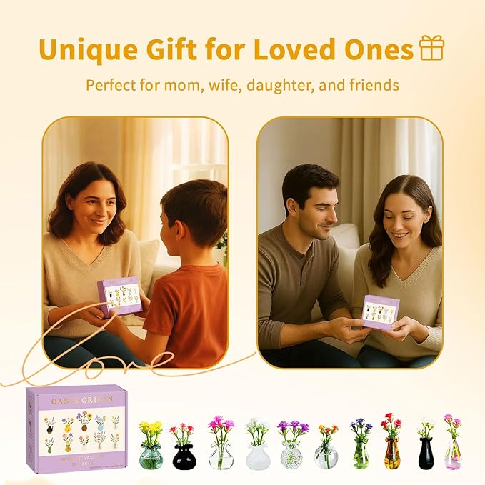 Magnetic Bud Vase Set – Mini Ceramic & Glass Vases with Strong Magnet for Fridge & Whiteboard – Decorative Small Flower Vases for Kitchen, Home or Office Décor for Women (Glass)