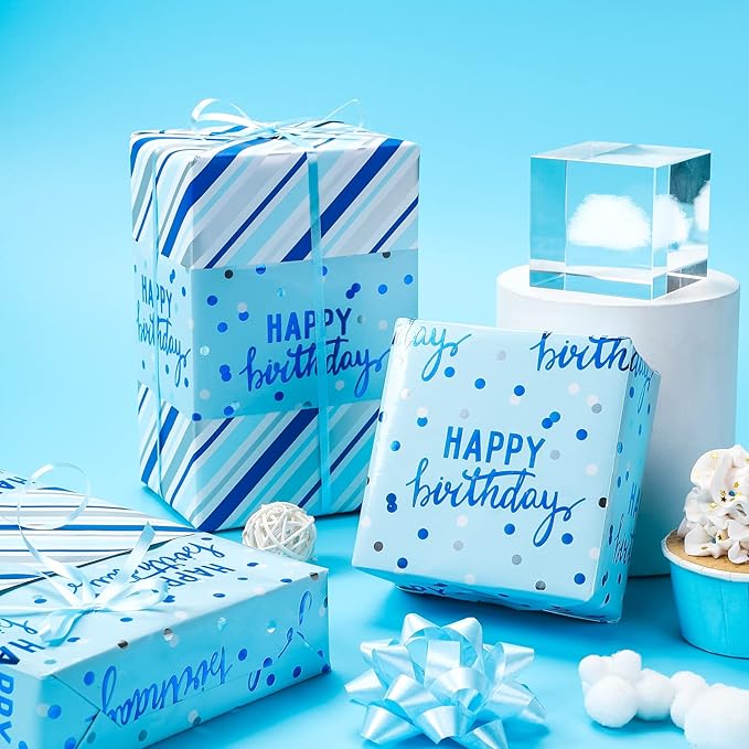 LeZakaa Reversible Blue Birthday Wrapping Paper Roll for Boys Men, Happy Birthday Lettering & Stripe Pattern with Metallic Foil in Blue, 30in x 32.8Ft