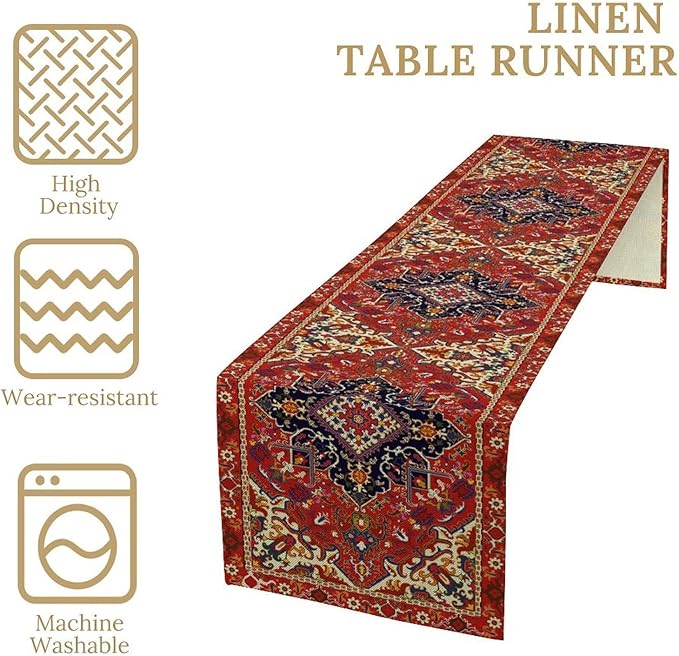 Boho Old French Table Runner, Vintage Red Beige Retro Flower Rustic Country Style Floral Print Pattern for Home Kitchen Table Decor Dining Coffee Room Garden Party Decor 13x90in