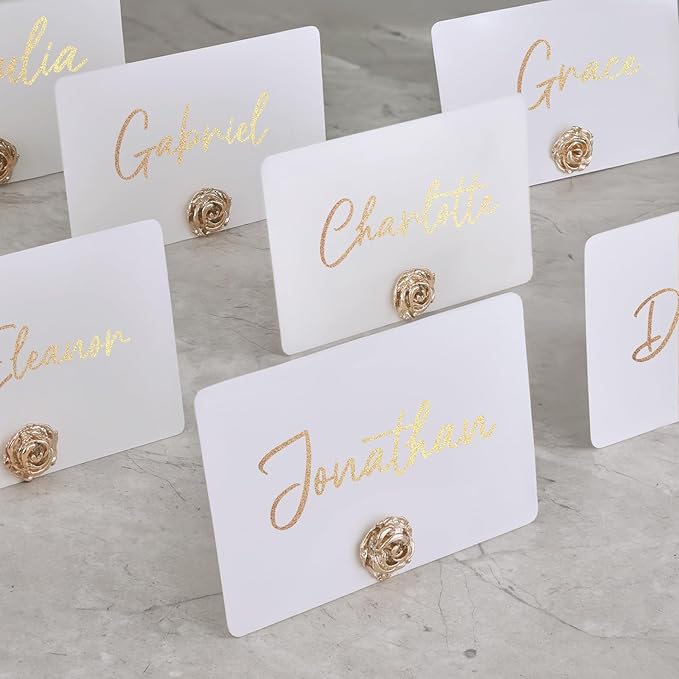 UNIQOOO 24Pcs Decorative Rose Floral Place Card Holders Bulk, Luxury Gold Metal Name Card Stands Set, for Wedding Table Setting, Business Card, Name Tag, Party Food Labels