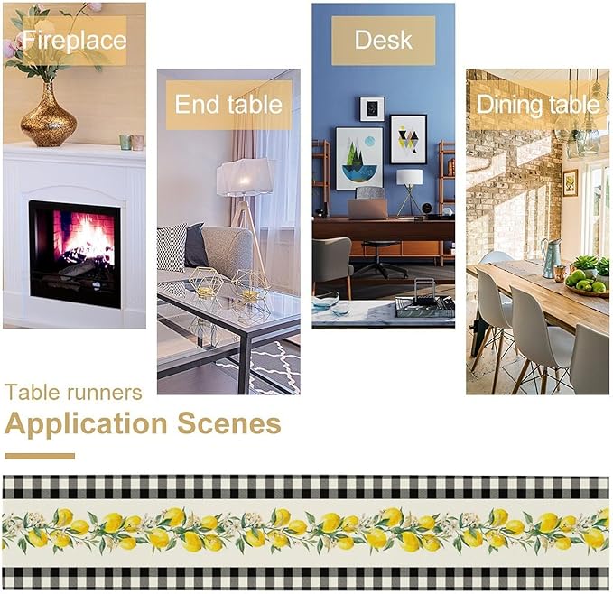 Lemon Table Runner,Black Buffalo Plaid Lemon Table Runner Farmhouse Style Spring Summer Home Kitchen Dinding Room Table Decoration 13x108 Inch
