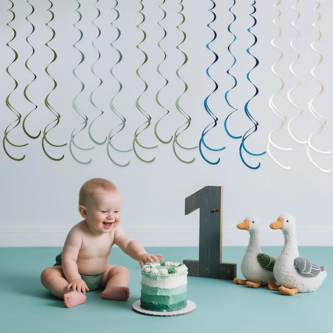 36 Pcs Sage Green Dusty Blue Hanging Swirl Decorations Blue Sage Green Felt Swirl Streamer Spiral Ceiling Garland for Baby Shower Birthday Retirement Wedding Safari Silly Goose Theme Party Supplies