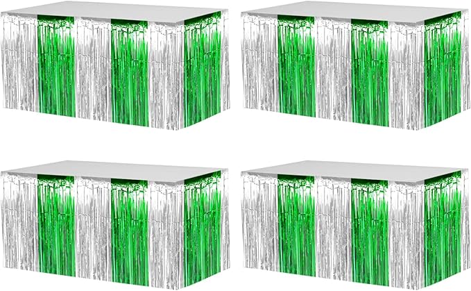 4 Pack 29x108 Inch Metallic Foil Fringe Tinsel Table Skirts for Rectangle Tables Streamer Backdrop for Wedding, Birthday, Parade Floats, Christmas, Halloween Party Decoration(Silver Green)