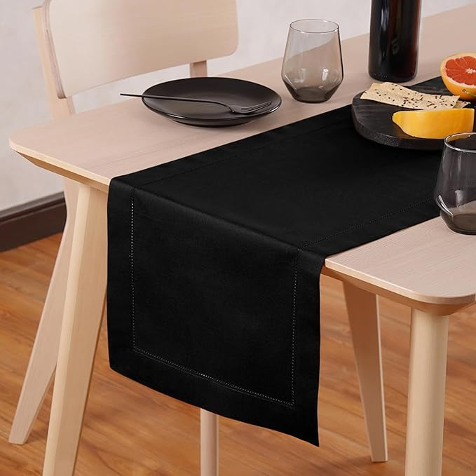 Black Table Runner 90 Inch–Cotton Linen Hemstitch Farmhouse Table Runner 14x90 – Washable Fabric for Dining, Fall, Halloween, Thanksgiving, Spring, Summer, Wedding, Everyday Décor – Serena