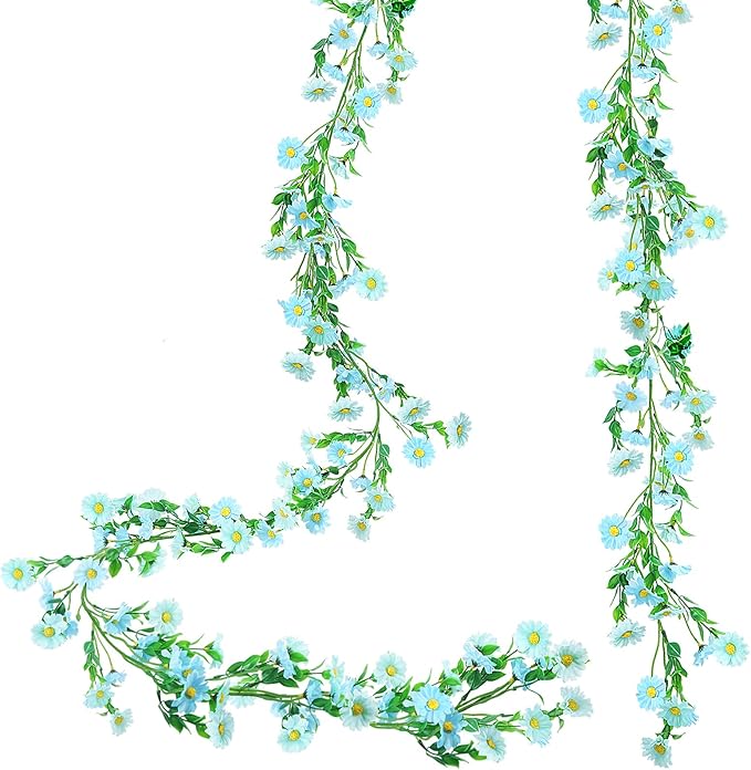2 Pack Silk Flower Garland Artificial Blue Daisy Garland Fake Hanging Vines with Daisy Flowers for Wall Home Party Wedding Indoor Outdoor Spring Decor