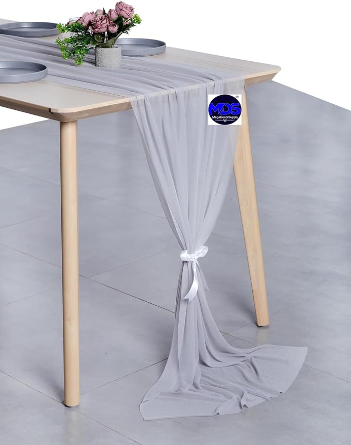 MDS 5 Pack 10ft Chiffon Table Runner 29 x 120 Inches Sheer Wedding Runner Romantic Rustic Table Runner for Wedding Decorations, Birthday Parties, Bridal Shower Party Arch Decor - Cool Gray