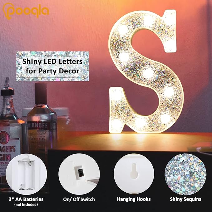 Pooqla Light Up Letters, LED Marquee Letters for Silver Birthday Decorations, Battery Powered Night Light Teenager Girl Room Decor, Gift for Girls Boys Wedding Bedroom Christmas Party Decor, Letter N