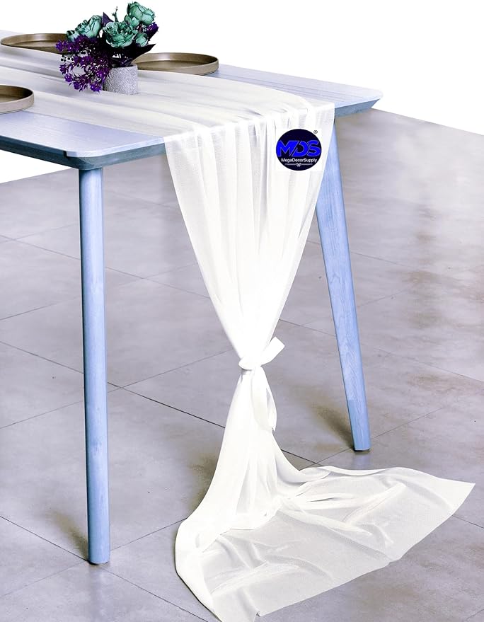 MDS Halloween Chiffon Table Runner - 15 Pack, 29 x 170 Inches, 14ft Each - Sheer Spooky Table Runners for Haunted House Parties, Trick-or-Treat Tables, Witchy Décor, Wedding & Events - Ivory