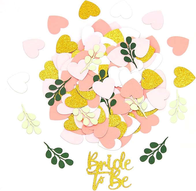200PC Sage Green and Pink Gold Bachelorette Confetti for Bridal Shower Decorations Heart Eucalyptus Table Scatters for Bride to Be Decorations Engagement Wedding Decor Party Supplies