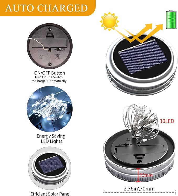 ZNYCYE Mason Jar Solar Lights for Outside, 12 Pack 30LED Fairy Lights Mason Jar Solar Lids Outdoor Waterproof String Lights with Hangers(NO Jars) for Patio Garden Yard Lawn Decoration - Cool White