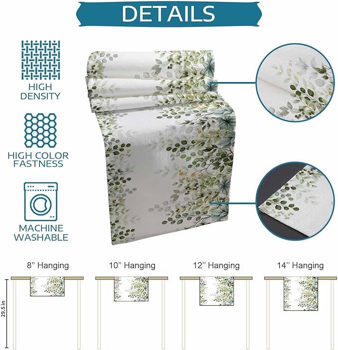 Sage Green Eucalyptus Cotton Linen Table Runner for Dining Kitchen,Farmhouse Leaves Botanical Floral Wedding Outdoor Party Tablerunners Decoration Dresser Scarf Coffee Tablecloth Runners 13x108 Inches