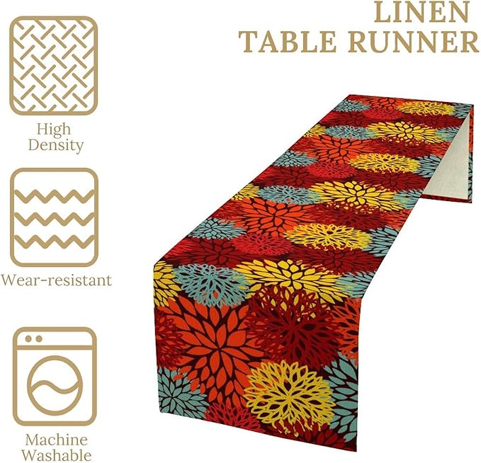 Red Yellow Dahlia Table Runner, Seasonal Autumn Thanksgiving Pattern Print for Home Kitchen Table Decor Dining Coffee Room Party Decor 13x70 Inch