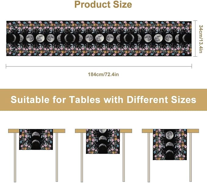 Boho Floral Moon Table Runner, Spring Flower Leaves Mystical Gothic Sun Moon Table Runner for Kitchen Dining Table Home Party,13x90 Inch Purple