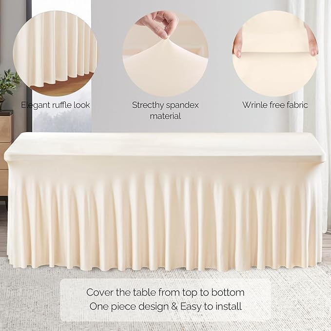 Wish Care 2 Pack Ivory Spandex Table Clothes for 6 Foot Rectangle Tables, 6FT Wrinkle Free Fitted Tablecloths Ruffles Design Table Cover for Party, Banquet, Wedding and Events