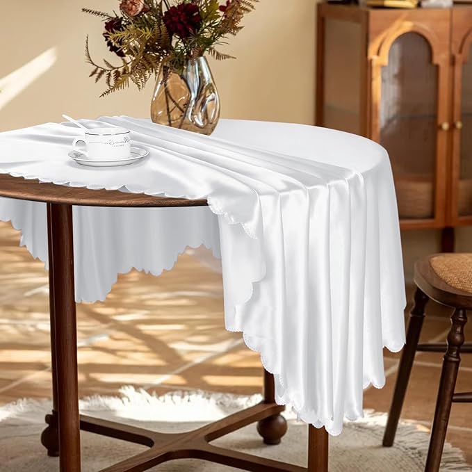 KKJIAF 1 Pack 60 Inch / 5ft Round Table Cloth, White Overlay Round Satin Table Cover, Silky Satin Dining Tablecloths for Wedding Buffet Parties Banquet Decoration
