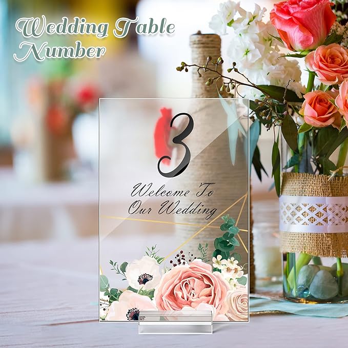 Yulejo 12 Pcs Clear Acrylic Place Cards with 12 Acrylic Holder Wedding Table Numbers with Acrylic Stand DIY Table Name Cards Plates for Wedding Reception Banquet Decors (4 x 6 x 0.08 Inch)