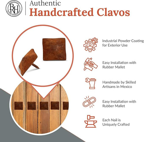10 Pack 1.25" Square Head Iron Clavos Decorative Nails – Rusted – Handmade Rustic Square Fasteners for Farmhouse Shutters, Faux Wood Beams, Barn Doors, Shutters, and Gates – Ornamental Wood Accent