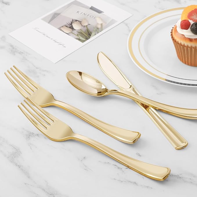 BESTVIP 100 Pack Pre Rolled Gold Plastic Silverware Set, Disposable Wrapped Cutlery Set with 100 Napkins, 100 Knives, 100 Forks and 100 Spoons for Party, Birthday