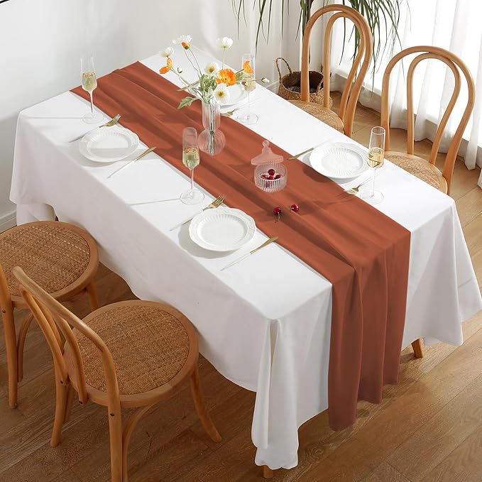 6 Pack 10 Ft Chiffon Table Runner Rust Gauze Long Table Runners 27x120 Inches Sheer Tulle Table Runner for Rustic Wedding Reception Bridal Shower Decorations Birthday Party