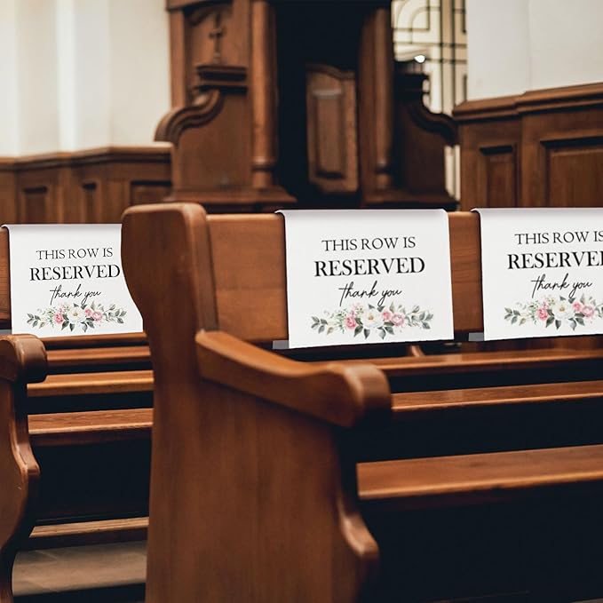 Reserved Seating Chair Signs, This Row Is Reserved Pew Cloths Seating Placeholder for Church Pews, Wedding Decorations for Reception Parties Celebrations Event Meetings (Pink Floral, 4 PCS)