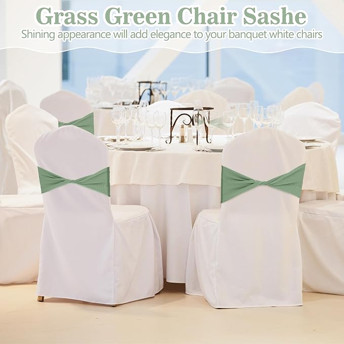 Kinlop 50 Pcs Spandex Chair Sashes Bows Chair Bands Slider Sashes for Covers Elastic Bands Ties Without Buckle Decorations for Wedding Party Events Ceremony Birthday(Sage Green)