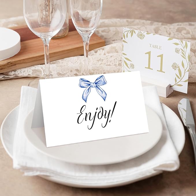 25 Blue Bow Place Cards for Table Seating, Watercolor Wedding Name Place Card, Tent Cards for Birthday Bridal Shower Baby Shower Reception Dinner Party Decorations -A22