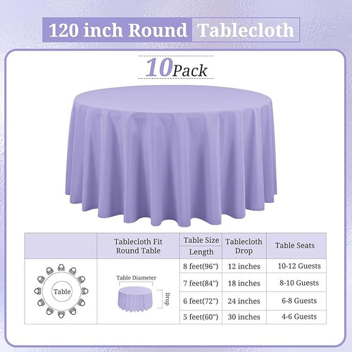 10 Pack Lavender Round Tablecloths - 120 Inch, Polyester Table Cover, Stain and Wrinkle Resistant Washable Fabric Table Cloth for Wedding Banquet Parties