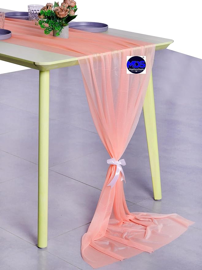MDS Halloween Chiffon Table Runner - 10 Pack, 29 x 170 Inches, 14ft Each - Sheer Spooky Table Runners for Haunted House Parties, Trick-or-Treat Tables, Witchy Décor, Wedding & Events - Peach