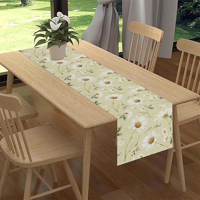 Daisy Floral Table Runner, Rustic Seasonal Spring Wild Flower Rustic Blue Wood Farmhouse Table Center Decor for Home Kitchen Dining Patio Holiday Party Indoor Outdoor Table Decorations, 13"x72" Inch
