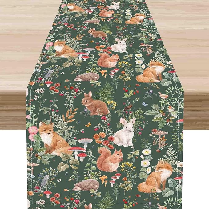 Rustic Forest Table Runner, Farmhouse Wild Woodland Animals Country Deer Fox Rabbits Watercolor Table Center Decor for Home Kitchen Dining Patio Holiday Party Outdoor Table Decorations, 13"x90" Inch
