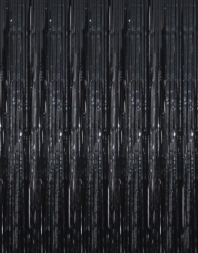 GOER 3.2 ft x 9.8 ft Metallic Tinsel Foil Fringe Curtains Party Photo Backdrop Party Streamers for Halloween,Birthday,Graduation,New Year Eve Decorations Wedding Decor (5 Packs,Black)