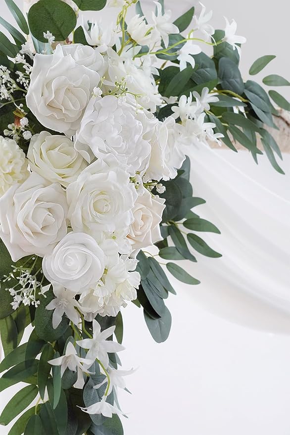 White Artificial Wedding Arch Flowers Kit (Pack of 3) with 26Ft White Shiny Arch Draping Fabric for DIY Wedding Party Ceremony Reception Backdrop Floral Decoration