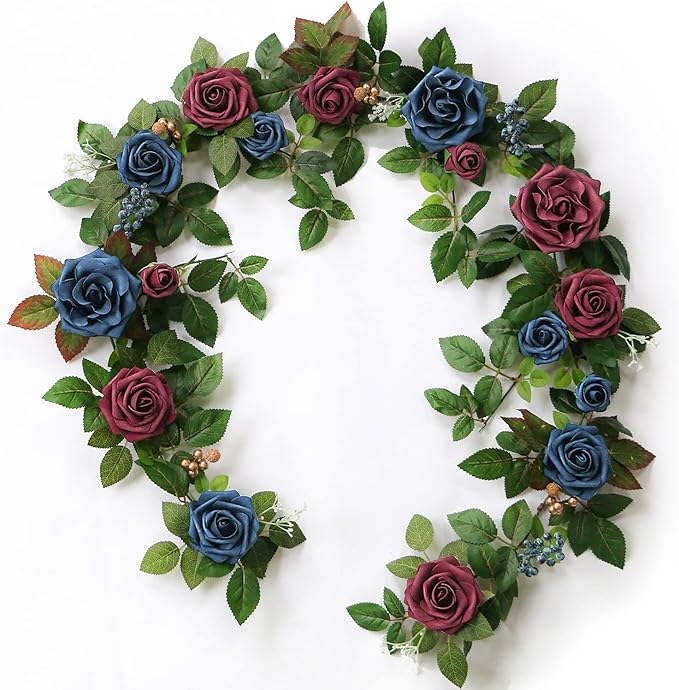 PONATIA 5FT Handcrafted Artificial Rose Flower Garland, Burgundy Flower Garland for Wedding Ceremony Garlands Backdrop Arch Flowers, Ceremony Reception Table Decorations (Burgundy & Navy)